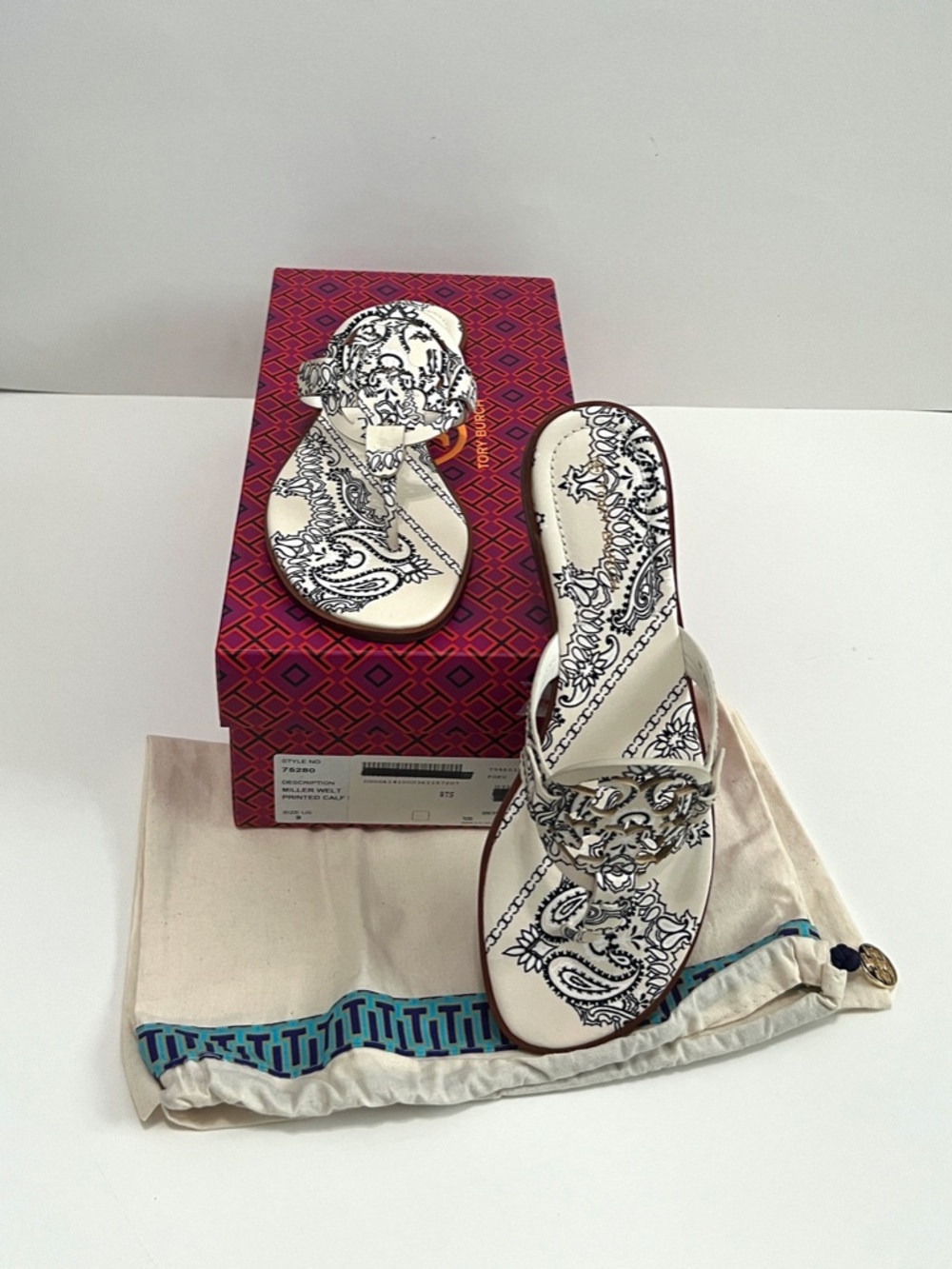 NIB Tory Burch Printed Calf Leather Millers - Ivory Americana Bandana, Size 9